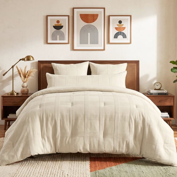 Regency Heights Full/Queen Size Comforter Set – Beige Striped Woven Bedding, 4-Piece Bed set with Body Pillow Sham, Machine Washable for All Seasons