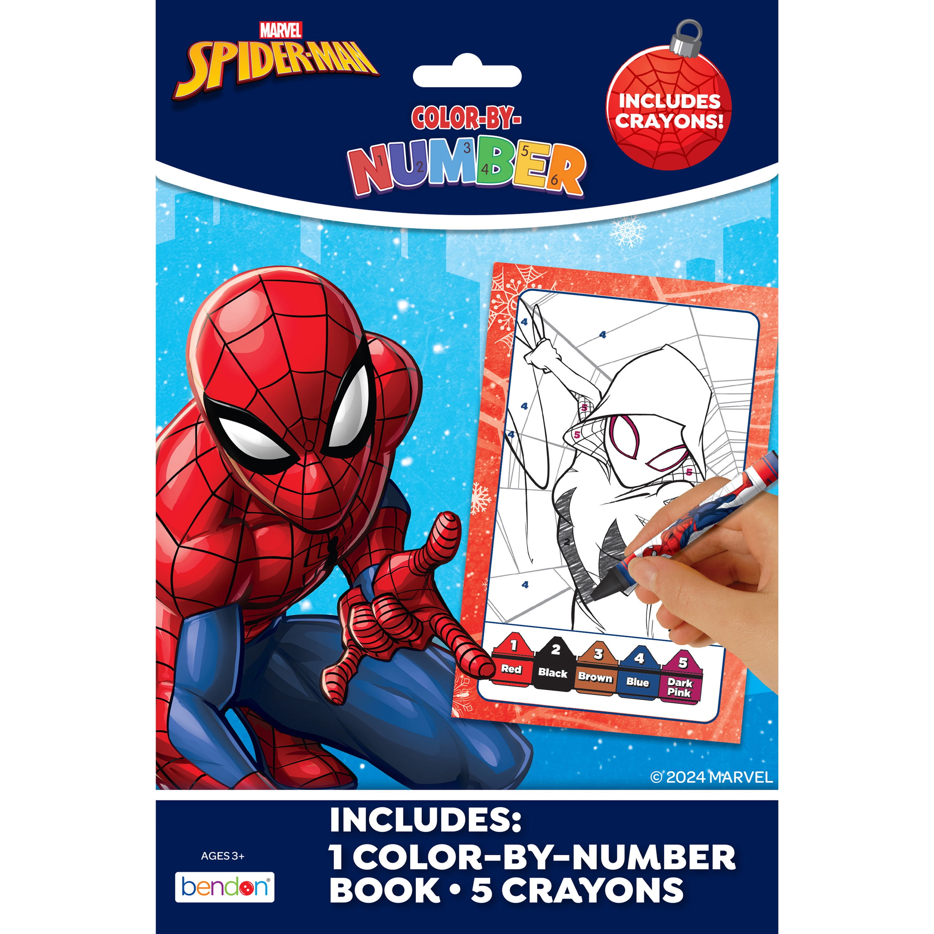 Marvel Spiderman Christmas 16-Page Color by Number Book with 5 Crayons, Holiday Coloring Decoration One Size, Color by Number Coloring Set for Christmas