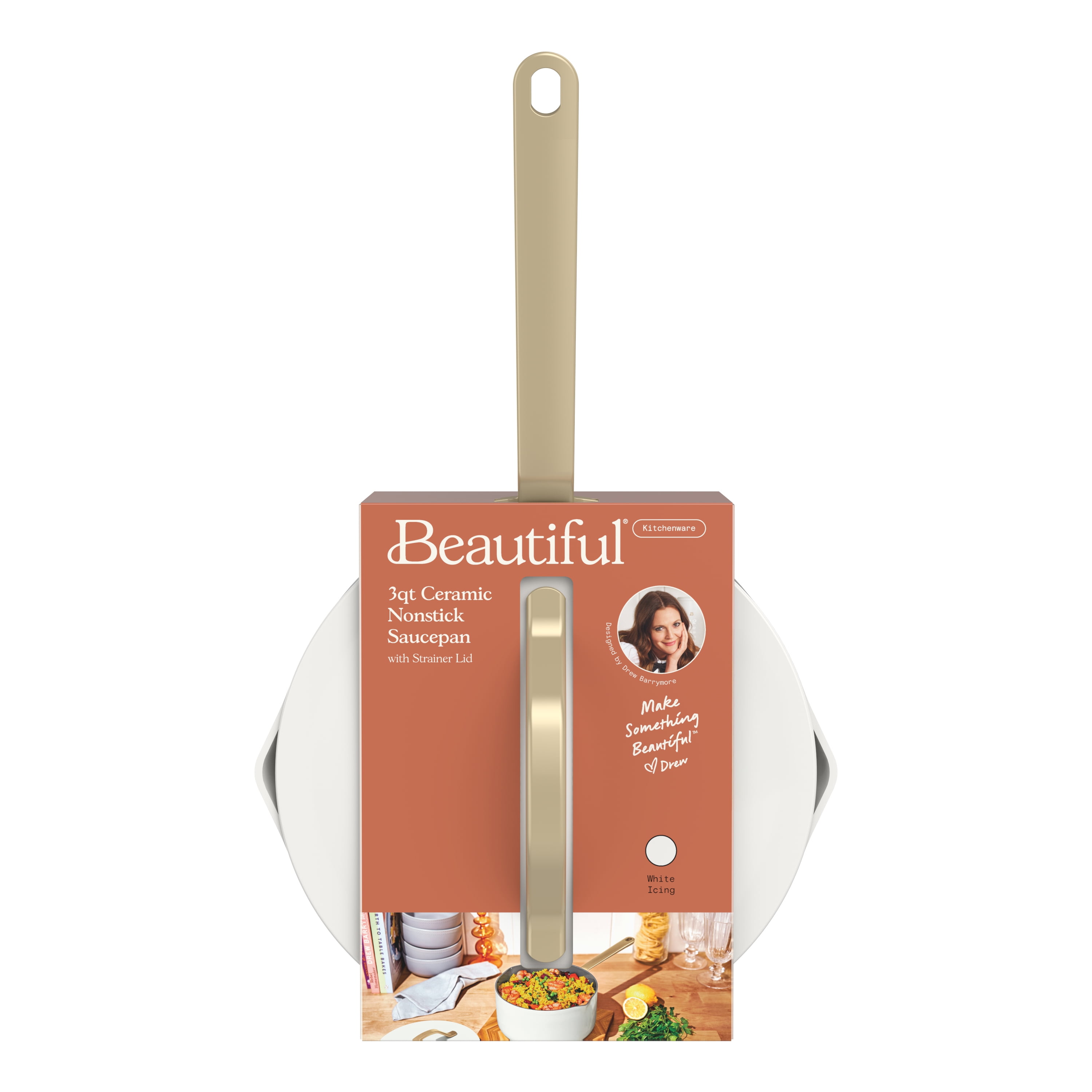 Beautiful 3 Quart Covered Sauce Pan with Strainer Lid and EverGood Ceramic Nonstick Coating, White Icing by Drew Barrymore