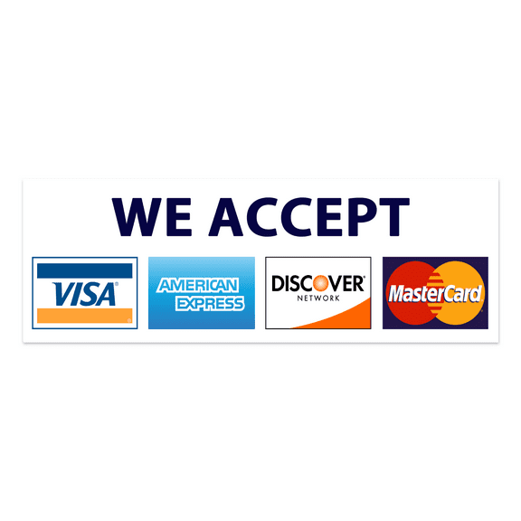 We Accept Credit Cards AmEx Visa MasterCard Discover Decals Sticker Logo Sign for Stores & Businesses (8" x 2.75")