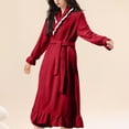 thumbnail image 2 of Women's Plush Robe with Lace Trim Collar Ruffled Hem Belted Long Sleeve Fleece Bathrobe for Loungewear Wine L, 2 of 6