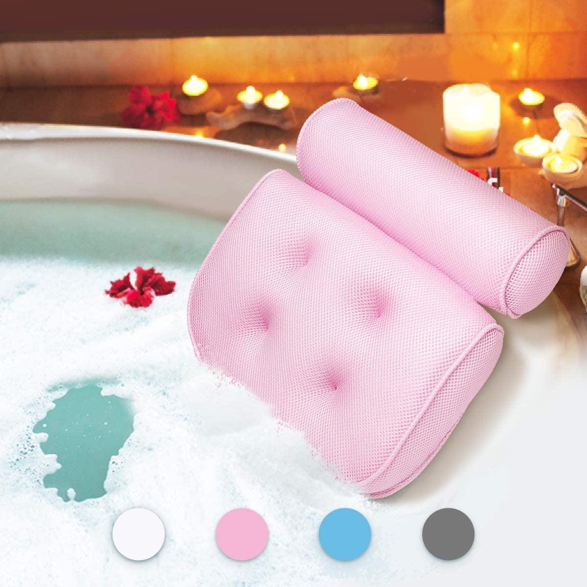 Pink Bath Pillow 3D Mesh Waterproof Ergonomic Home Spa Headrest with 6 Suction Cups for Bathtub Spa Jacuzzi