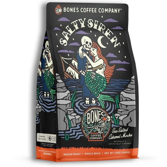 Bones Coffee Company Salty Siren Ground Coffee Beans Salted Caramel Mocha Flavor, Low Acid Flavored Coffee, Made with Arabica Coffee Beans, Medium Roast Gourmet Coffee (12 oz)