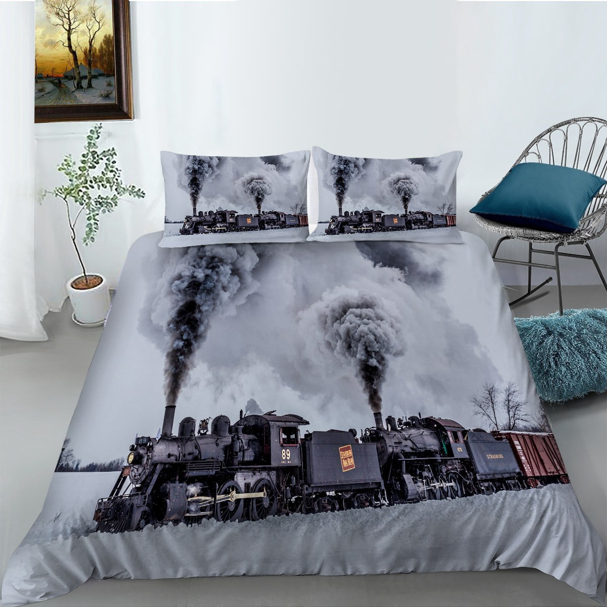 Steam Engine Duvet Cover Set, Winter Trains Bedding SetKing (90"x104