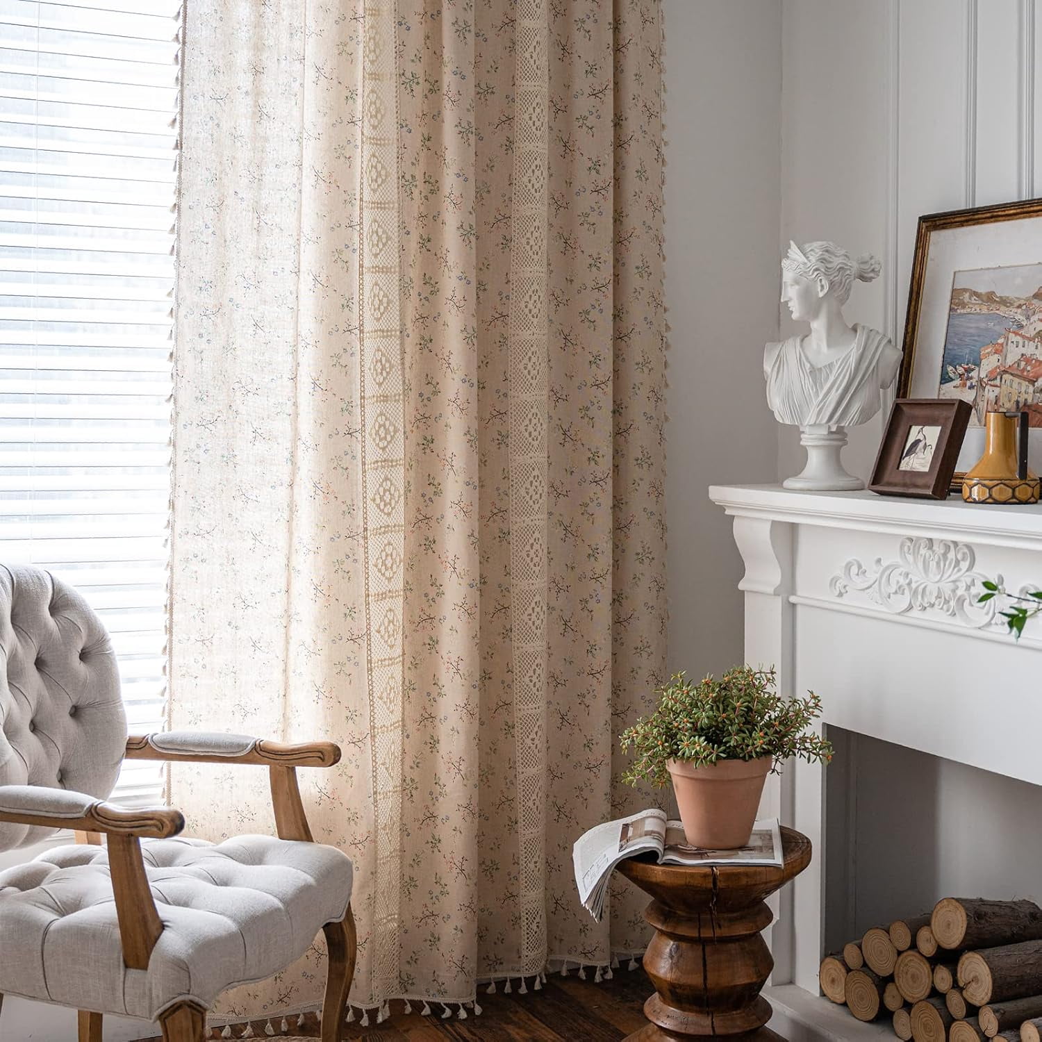 Vireellx Boho Curtains for Bedroom Living Room, Lace Hollow Crochet Stripes Blue Florals Print Cotton Linen Patchwork, Bohemian Green Tassel Semi-Blackout Window Farmhouse Drape