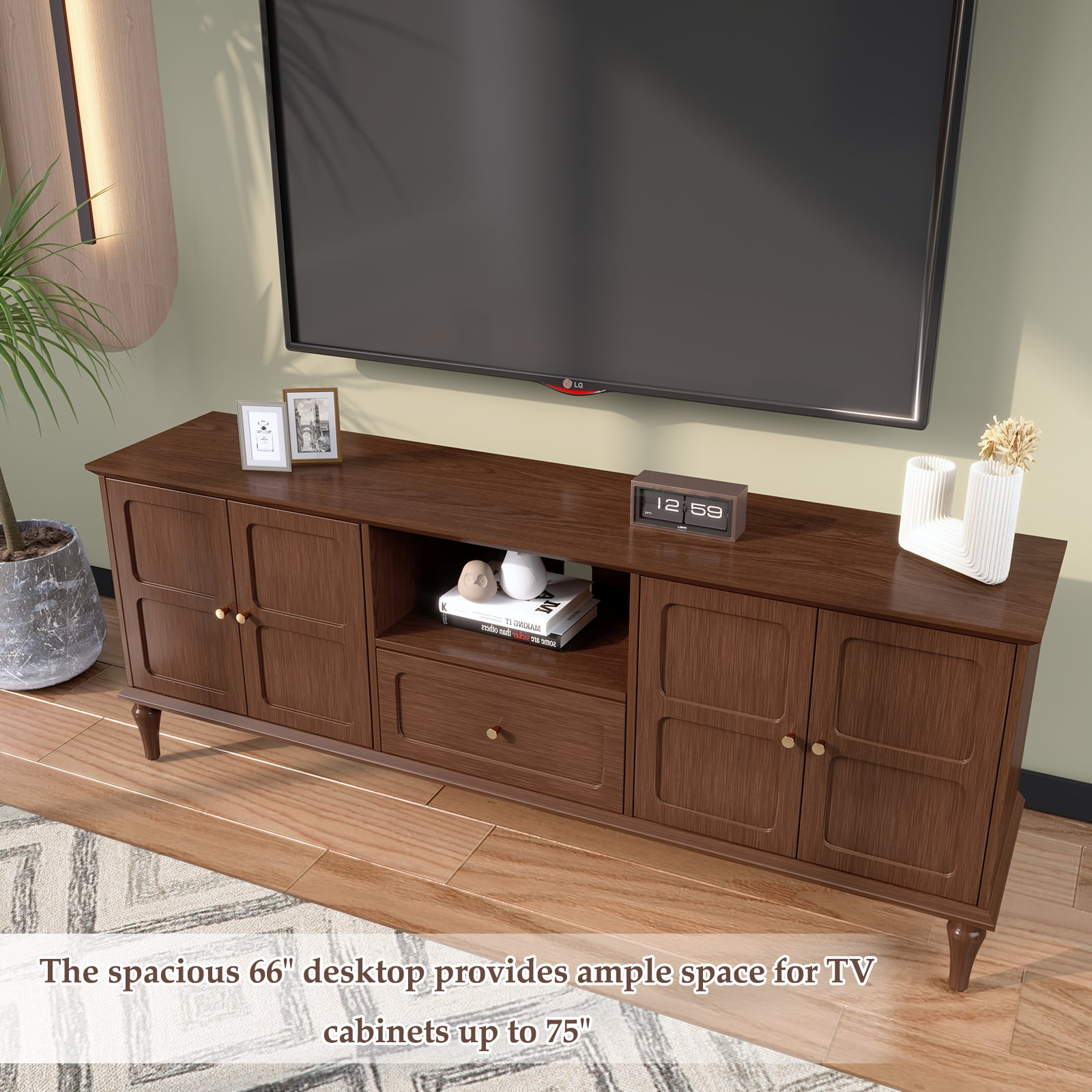 HLR Mid Century 67" TV Stand, for TVs up to 75", Living Room Entertainment Center with 4 Door Storage Cabinet, Brown
