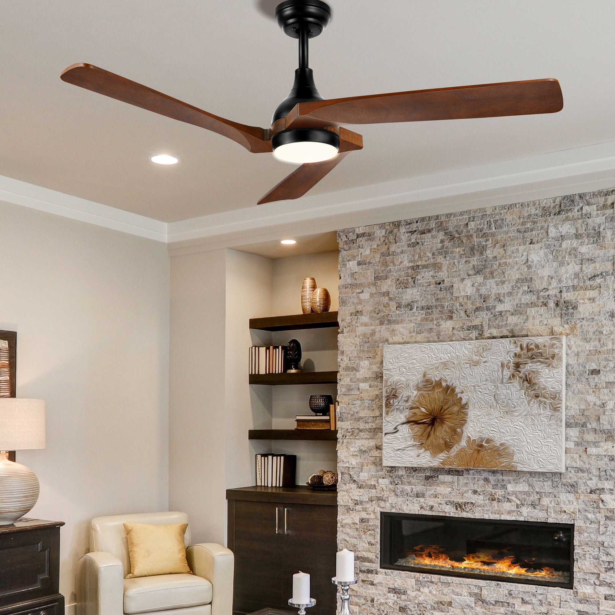 Dextrus 52'' Walnut and Black Modern Dimmable LED Ceiling Fan with 6 Speed Remote