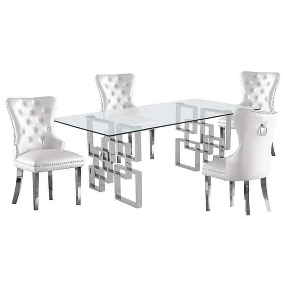 Rectangular Clear Glass 5pc Dining Set with Silver Stainless Steel Base