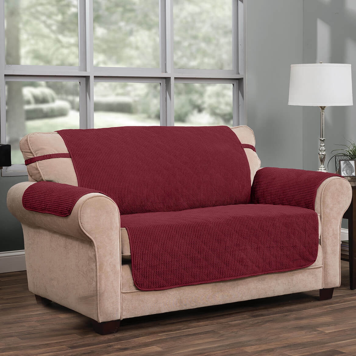 Innovative Textile Solutions 1-Piece Ripple Plush Secure Fit Loveseat Furniture Cover Slipcover, Burgundy