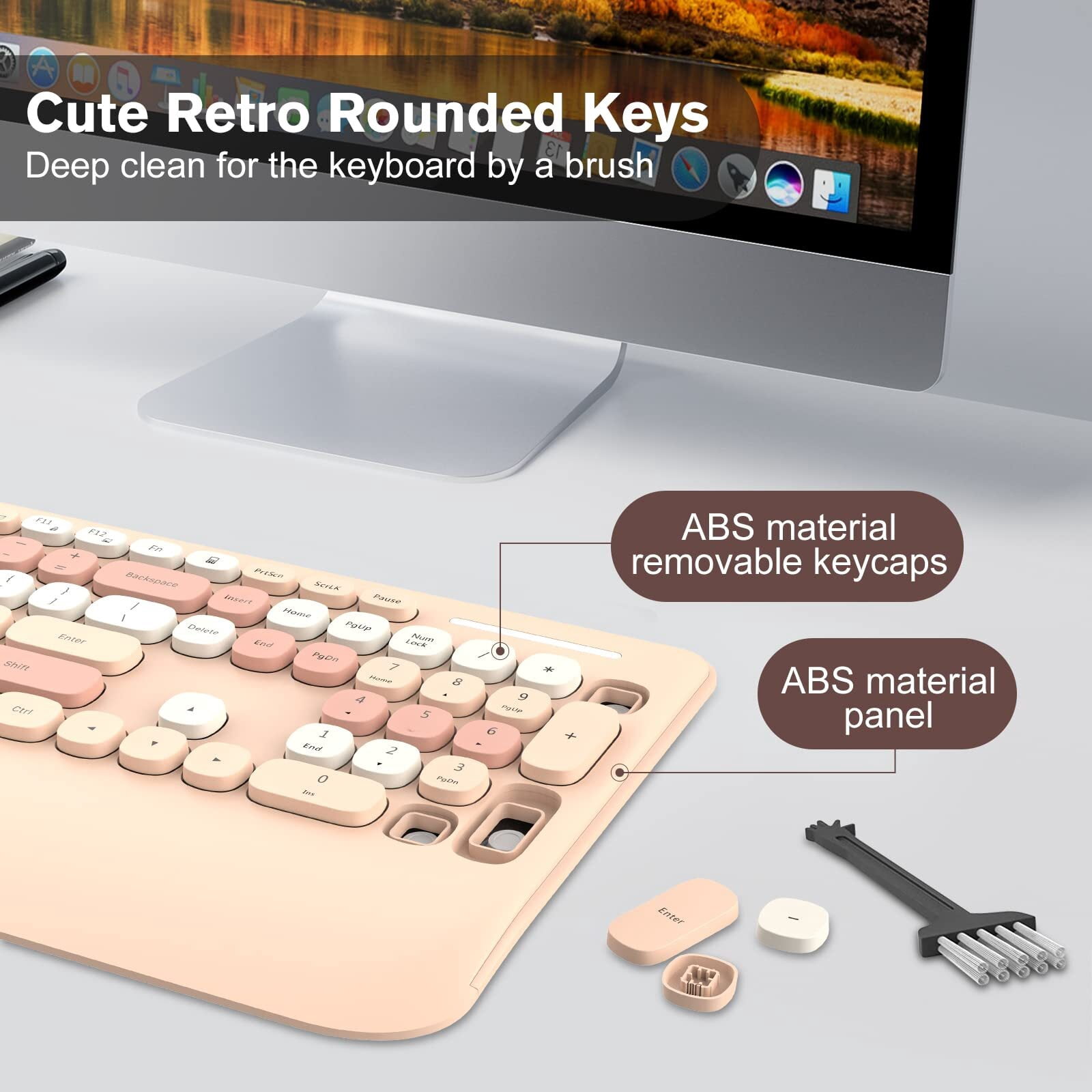 RaceGT Wireless Keyboard and Mouse Combo, Ergonomic Keyboard with Wrist Rest, Sleep Mode, Silent 2.4GHz Cordless Keyboard Mouse Combo for Computer, Laptop, PC, Mac, Windows - Cute Brown, Milk Tea