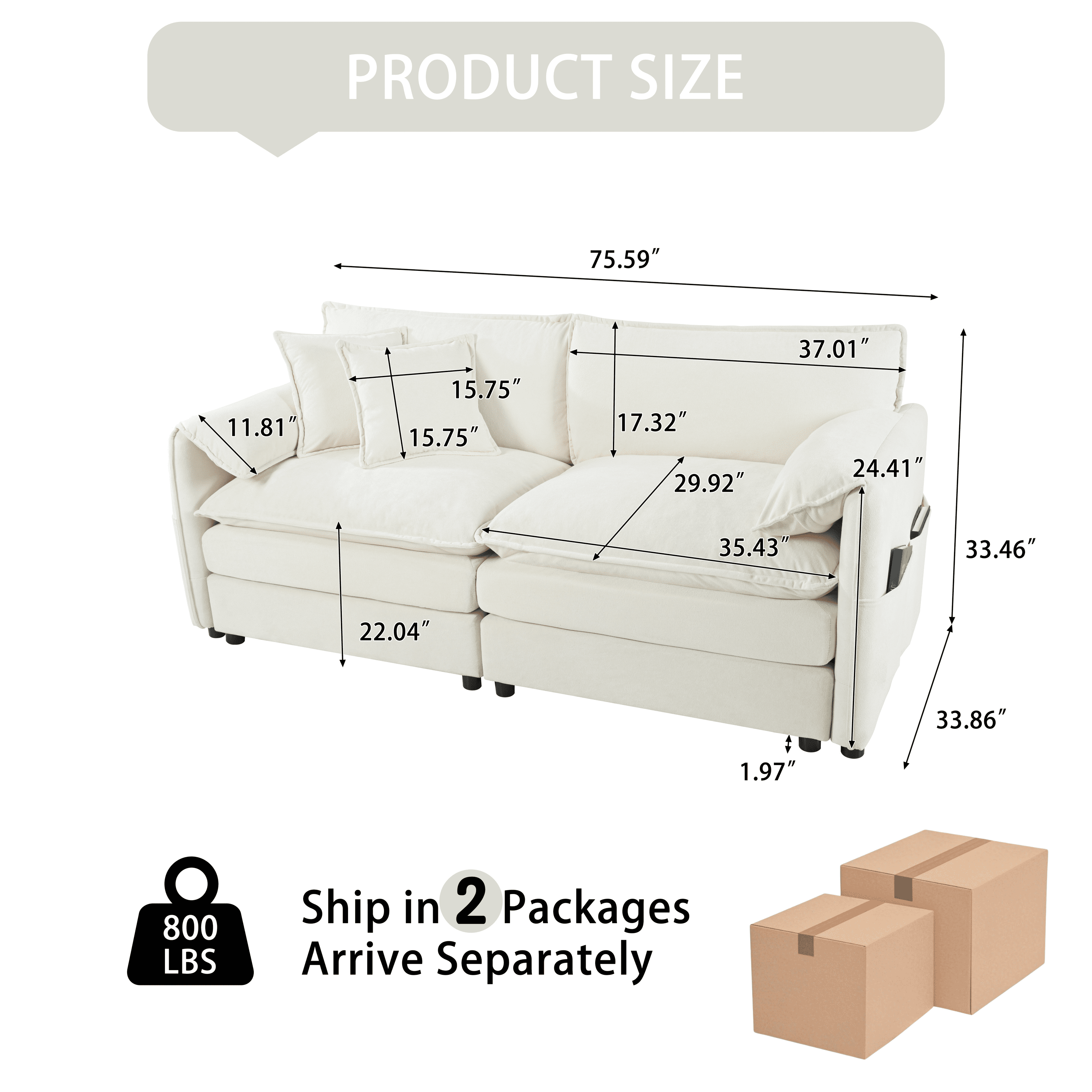 Oversized Chenille Loveseat Sofa, 76” Comfy 2 Seater Couch with Deep Seat, Modular Love Seat Couch for Living Room Bedroom Apartment, Easy Assembly Small Cloud Couch, White