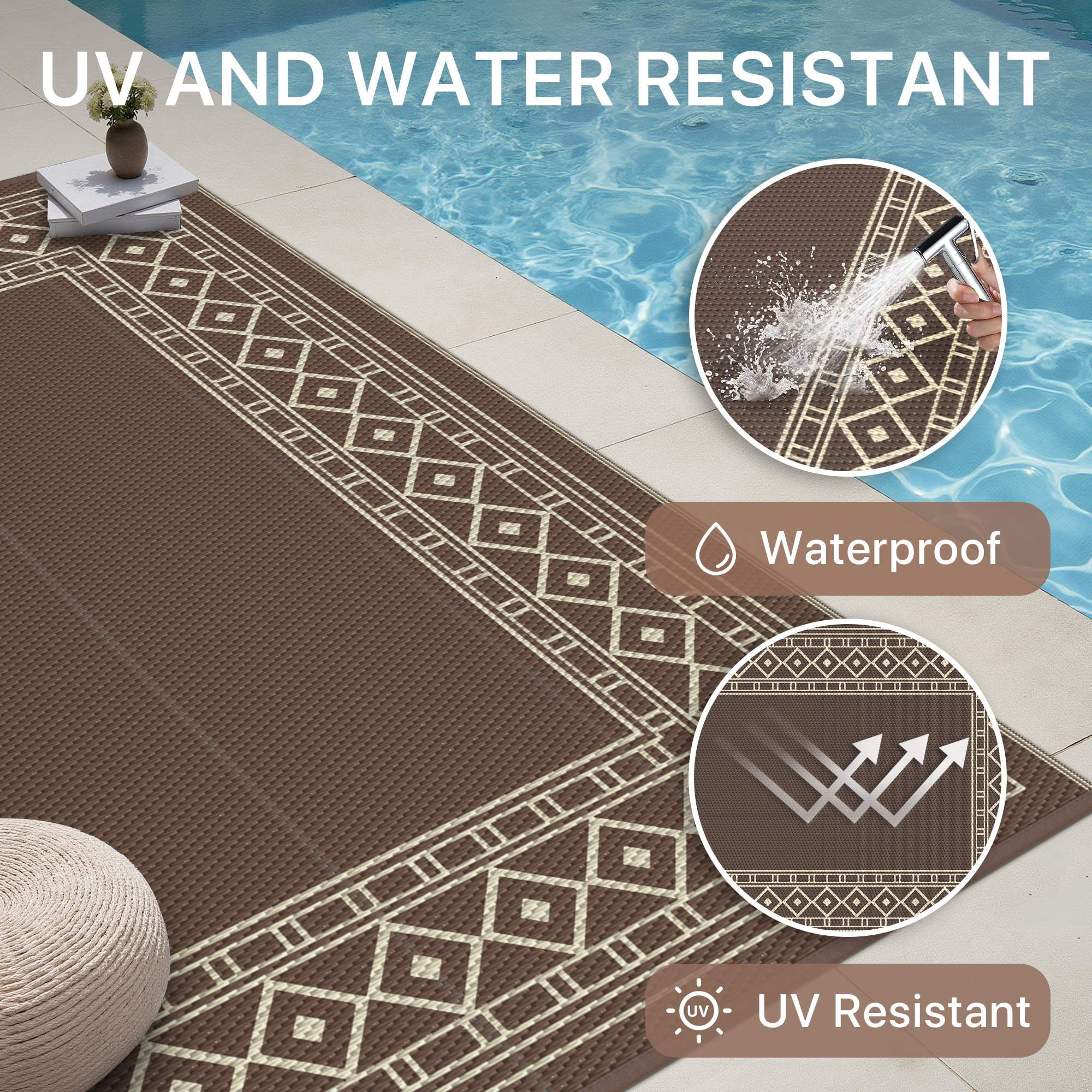 DEORAB 6'x9' Outdoor Rugs Waterproof Patio Reversible Plastic Carpet Camping Outside Mat,Coffee & Brown