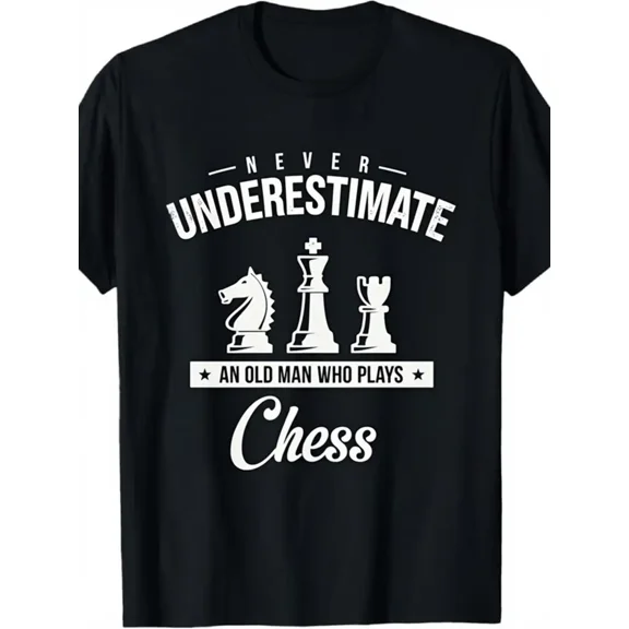 Men'S Vintage Chess Graphic T-Shirt - Never Underestimate an Old for Man Who Plays Chess Print, Black with Chess Piece Design, Breathable Round Neck Short Sleeve Casual
