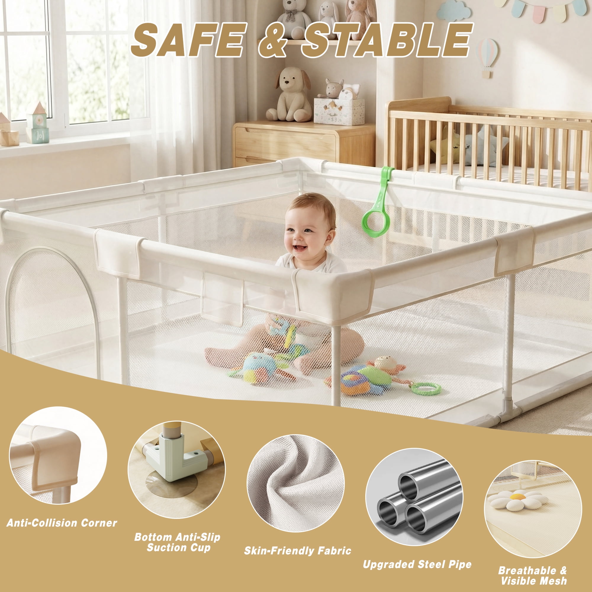 NimbleRest 60"x60" Large Baby Playpen Toddler Play Yards Safety Fence, Light Gray