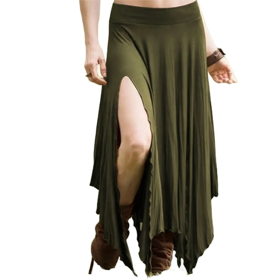 Levmjia Women Maxi Skirt High Waisted Solid Color Flowy Split Hem Bohemian A Line Midi Skirt Irregular Large Swing Casual Outfit Beach Vacation