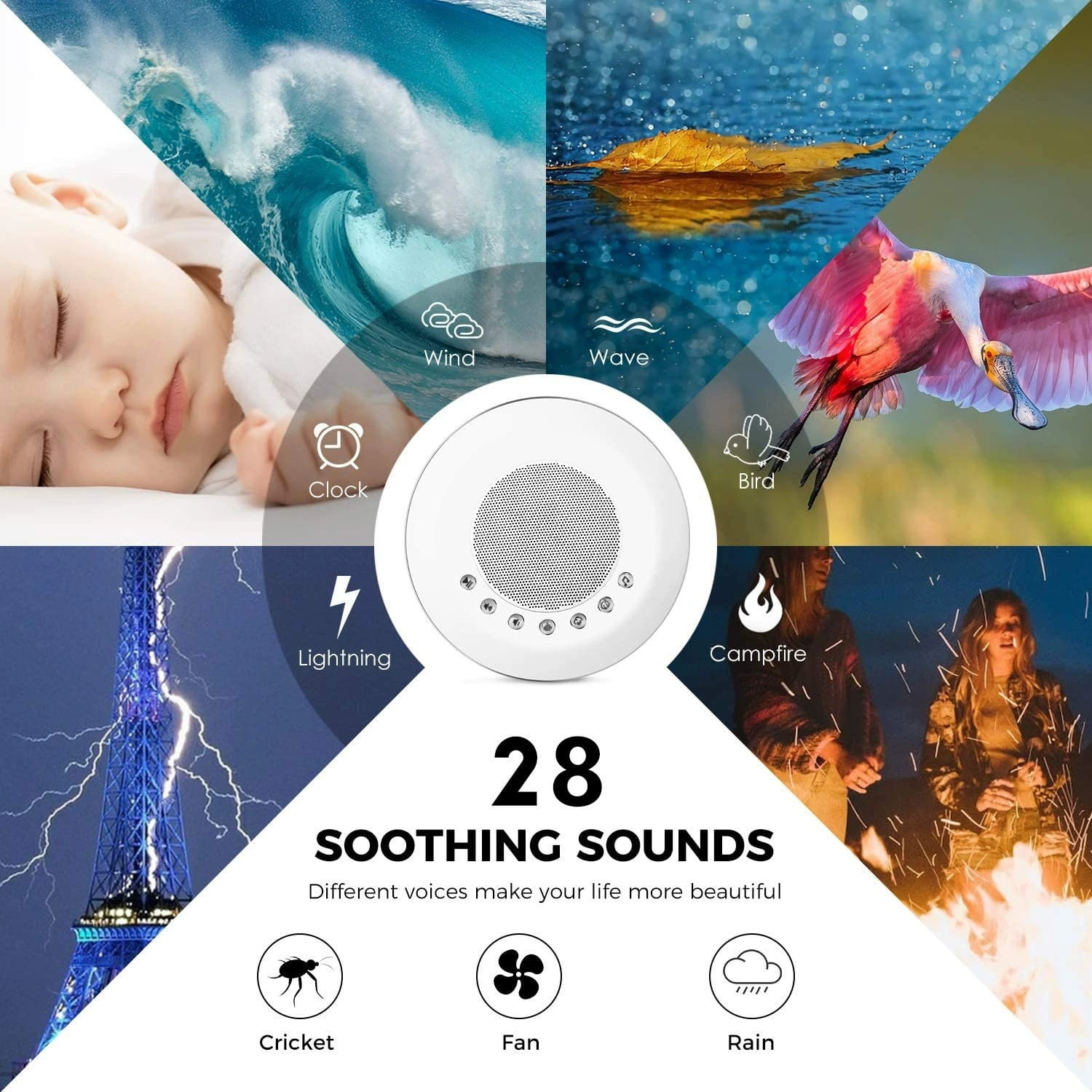 White Noise Sound Machine, Portable Sound Machine for Sleep Baby, Kids & Adults, Travel Soothing Sounds Noise/Lullaby, Rechargeable, Timer, Memory & Night Light for Home, Nursery