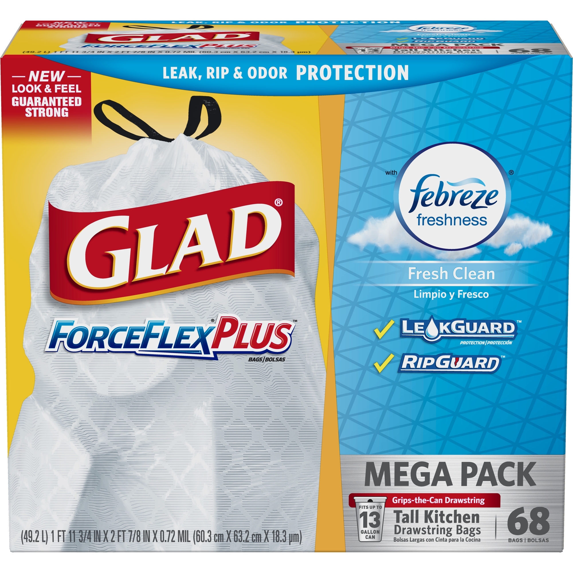 Glad ForceFlexPlus Tall Kitchen Drawstring Trash Bags Febreze Fresh