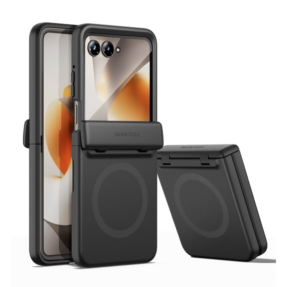 SURITCH for Motorola Moto Razr 2026 / 2025 / 2024 Case with Hinge Protection, Magnetic Shockproof Protective Cover Slim Bumper Cases with Screen Protector, Black