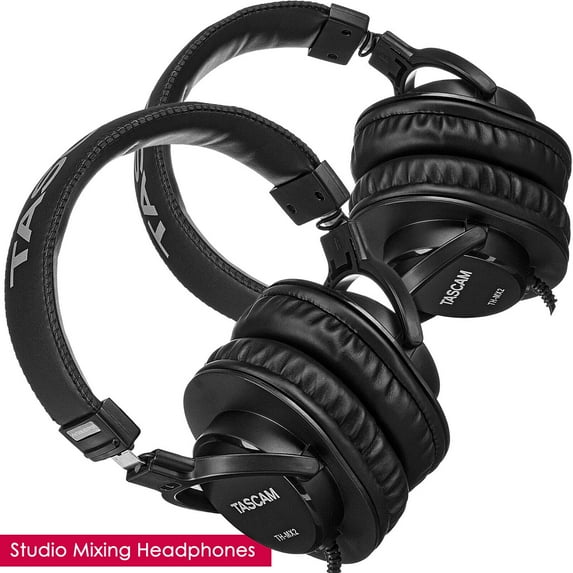 TASCAM Premium Foldable Recording Mixing Home Studio Headphones - Black - 1 Pair Bundle