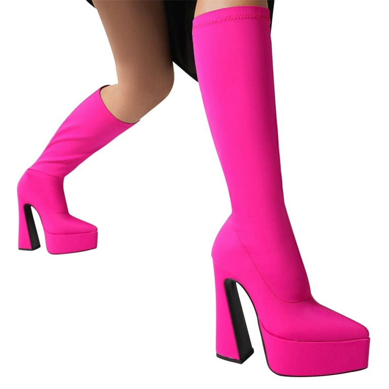 Kijblae Women's Knee High Boots Pointed Toe Chunky Heel Stretch Boots Black Party Comfortable Fashion Stylish Dress Boots Hot Pink 43, Size: 43 US 9.5
