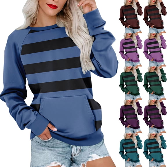 HVOBTTY Womens Long Sleeve Pullover Sweatshirt, Fall Tops for Women, Women's Casual Striped Print Crew Neck Raglan Sleeve Pocket Loose Sweatshirt Black, XL