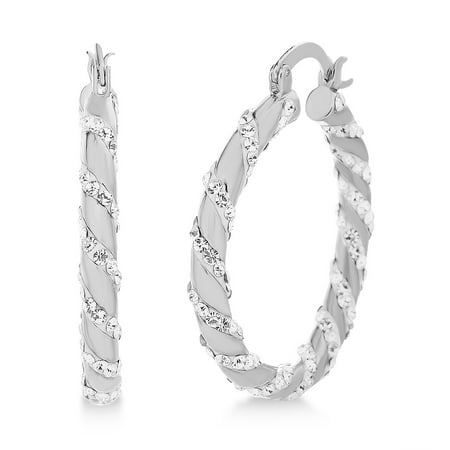 - Womens White Twisting Design Hoop Earrings made with Swarovski Crystals