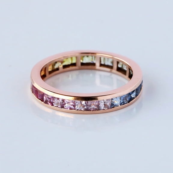 Rainbow Sapphire Eternity Ring, Princess Cut Channel Set Engagement Band Ring, 18k Gold Filled Ring, Cocktail Ring, Multi Color Stackable Ring.