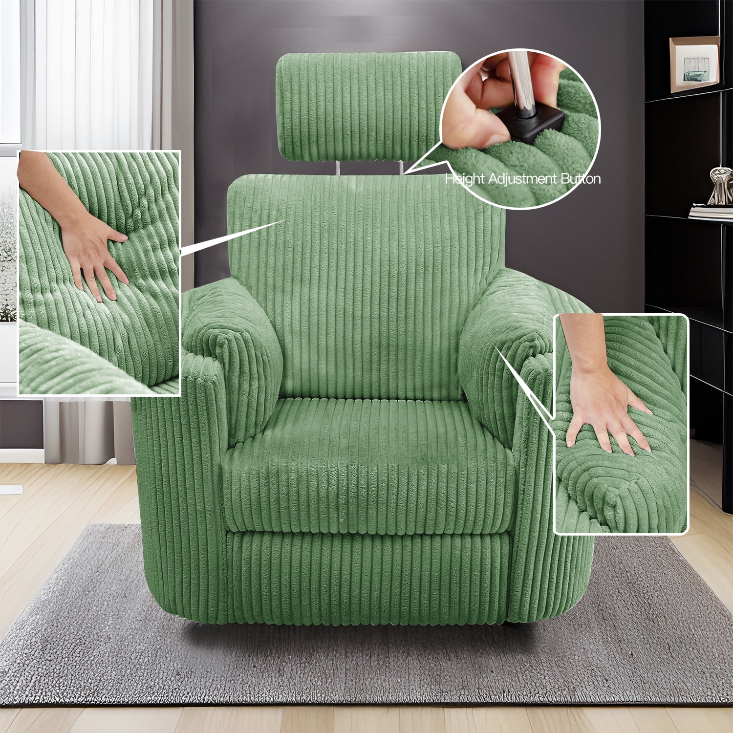 Cynefin Power Recliner Swivel Rocking Nursery Glider Rocker Chair with Headrest, USB and Type-c Port, Corduroy Electric Reclining Sofa Chair Arm Chair for Living Room