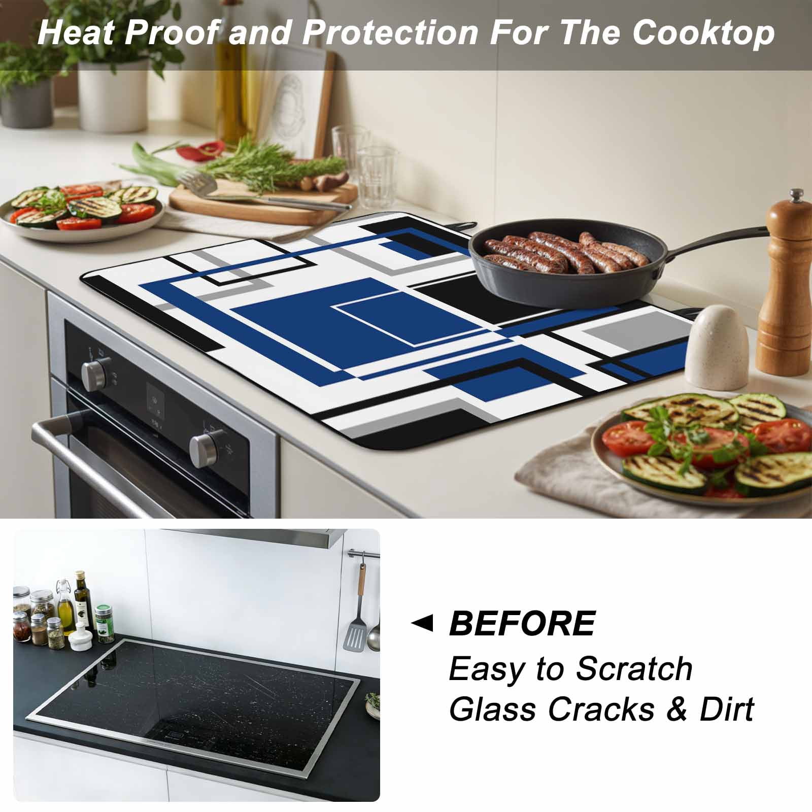 Blue Black Geometric Stove Top Cover for Electric Stove, Heat-proof & Non Slip Glass Top Stove Cover Protector, Modern Minimalist Abstract Stripes Kitchen Flat Cooktop Rubber Mat 24x21 Inches