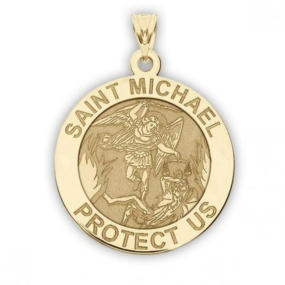 Picturesongold.Com 14K Yellow Gold Saint Michael Religious Medal Necklace Pendant - 3/4 inch Size of a Nickel