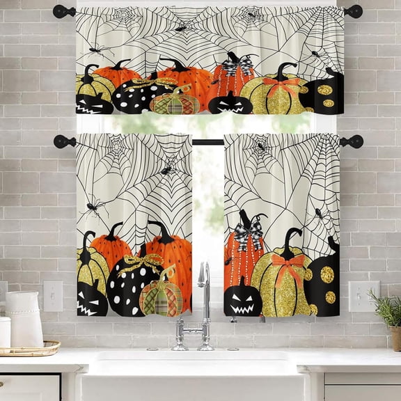 Happy Halloween Pumpkin Kitchen Curtains Spider Window Curtains Valance and Tier Set 36 Inch, Gold Abstract Rod Pocket Short Tier Curtain for Room, Gothic Spooky Small Cafe Kitchen Decor