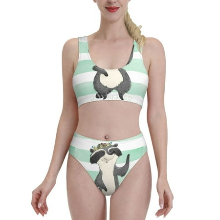 Bixox Cute Raccoon Pattern Two-Piece Sports Bikini with U-Shaped Top and High-Waist Bottom - Women s Swimwear with Removable Bra Pads