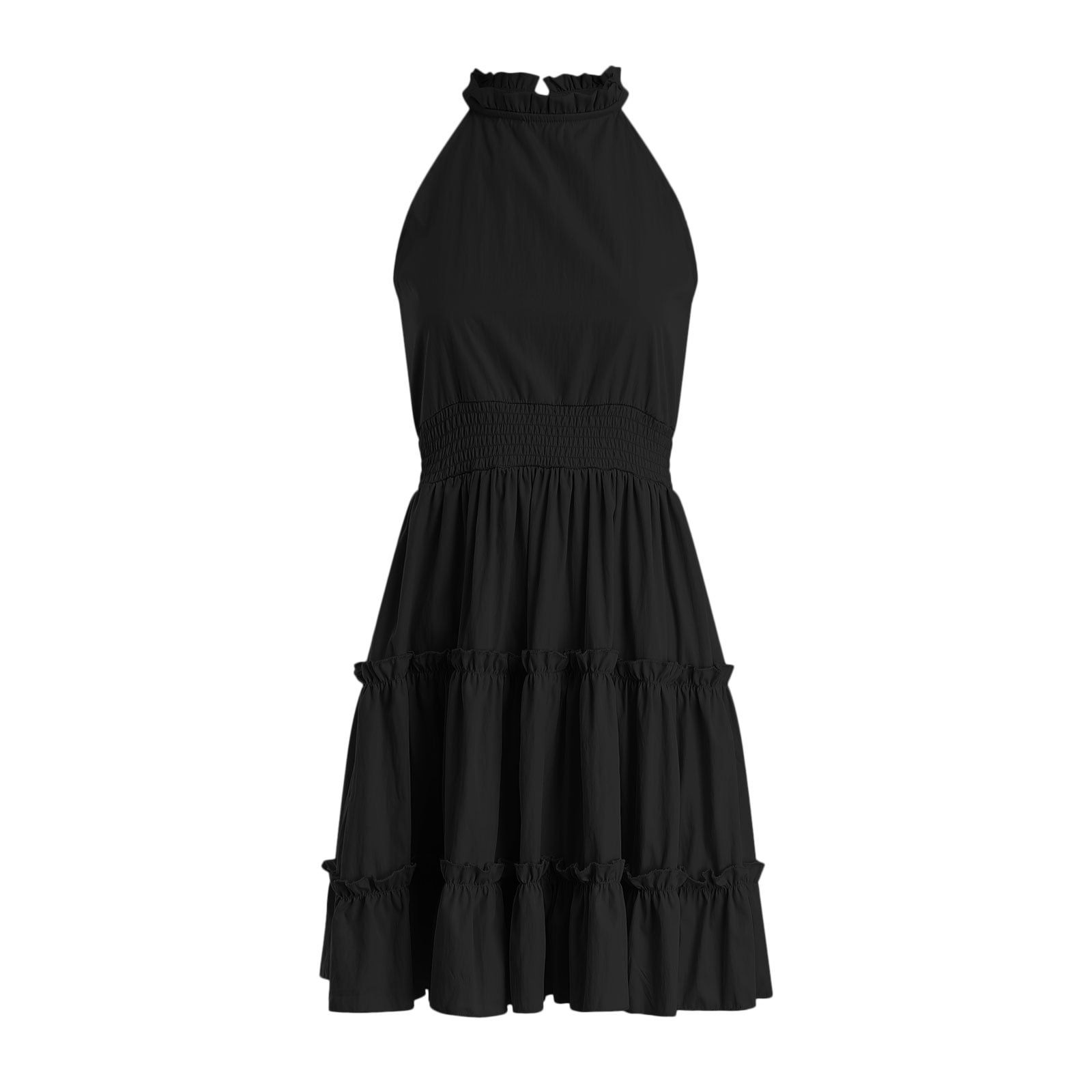 Faraee Girl's Halter Neck Sleeveless Summer Dress Smocked Waist A-line Sundress Tulle Mini Swing Pleated Skirt with 3 Layers Black 5-6 Years