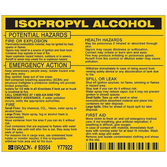 Brady Chemical Label, 3 3/4 in H, 4 1/2 in W, 93554,PK25 93554