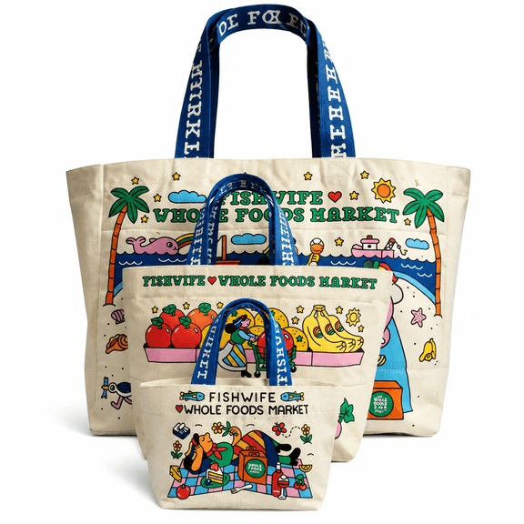 3 PCS Whole Foods Market Canvas Tote ,Handle bag Beige/Blue Handles MINI/MEDIUM/LARGE