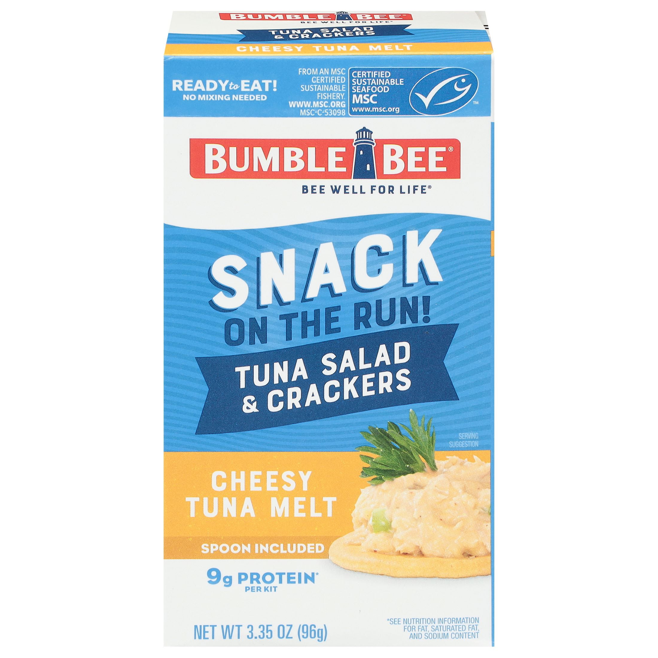 (12 pack) Bumble Bee Snack on The Run Cheesy Tuna Melt with Crackers Kit, 9g Protein Per Serving, Ready to Eat, Spoon Included, Shelf Stable Box, 3.35 oz