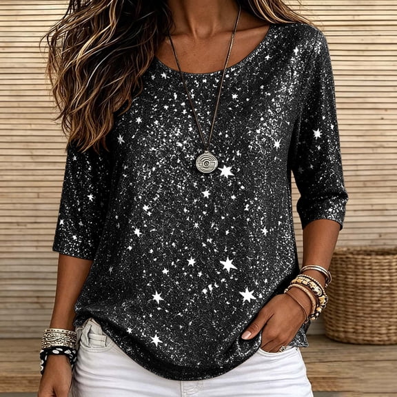 ClodeEU Women's Round Neck 3/4 Sleeve Sequin Blouse ,Casual Loose Fit Tee Top Black,Women's Plus L