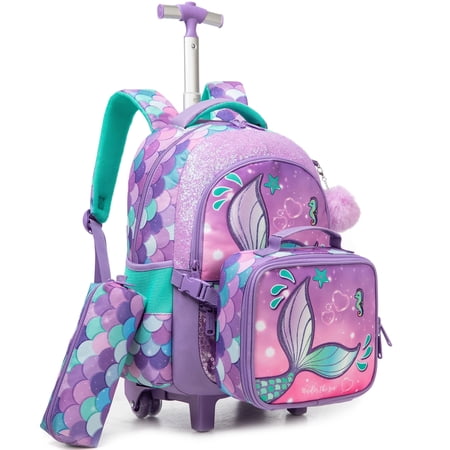 Mermaid Kids Rolling Backpack for Girls Roller Backpack with Wheels for School with Lunch Bag Pencil Case for Ages 8-10 Bookbag