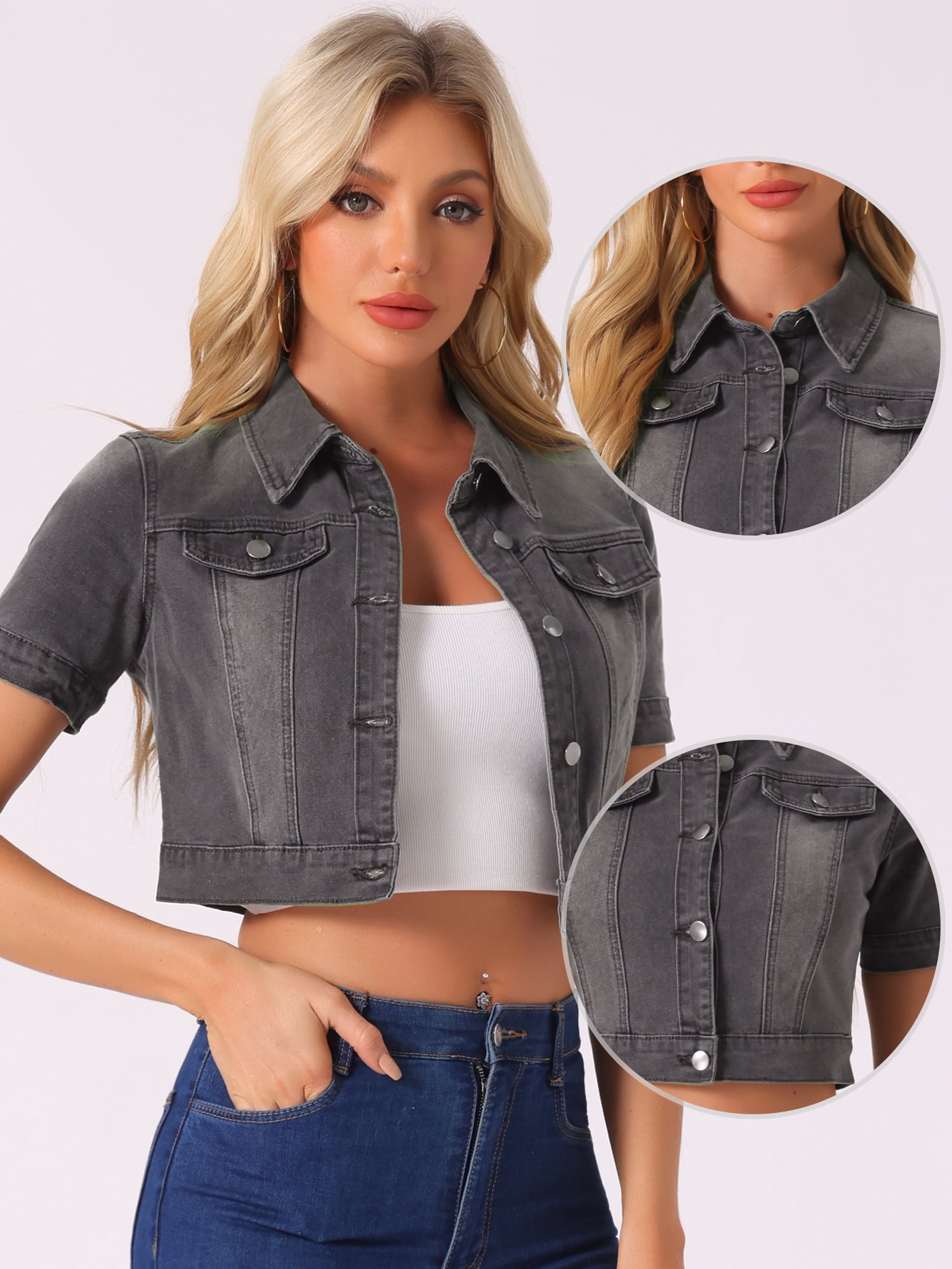 DARING DIVA Women's Short Sleeves Crop Button Down Denim Jacket L Dark Gray