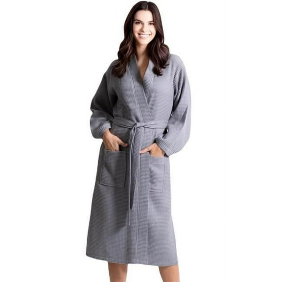 Towelsoft WM-Wfl-Km-Rbs-Lng-SLV-LG Womens Waffle Silver Long Premium Cotton Blend Bathrobe - Large & One Size