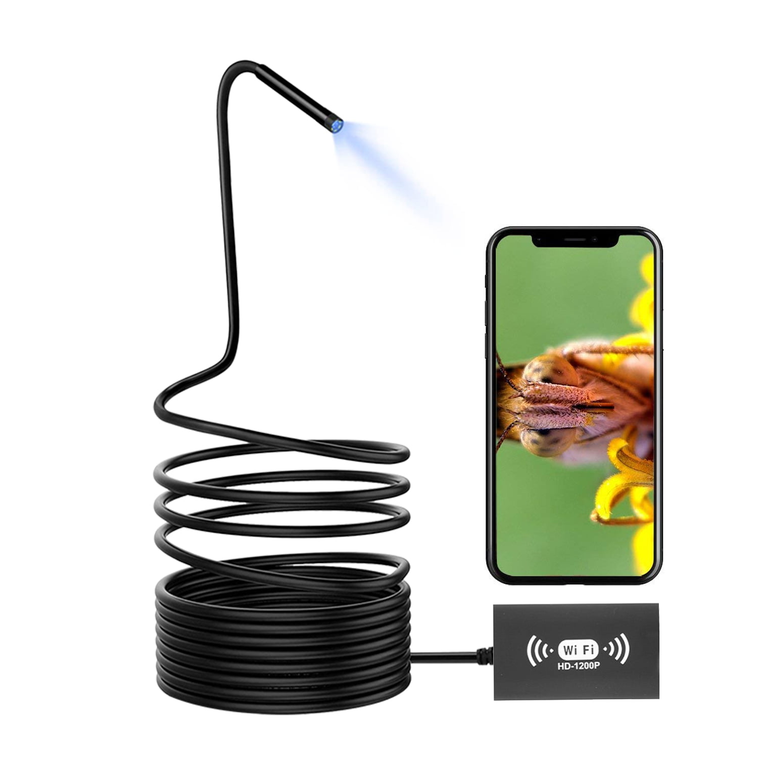 3.5M Hard Wire 2.0MP HD 8 LEDs Yellow 8mm Wireless Industrial Protable Endoscope Camera WiFi Inspection IP68 Waterproof Semi-Rigid Cable Borescope for iPhone/iPad/Android/PC 