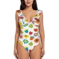 thumbnail image 2 of Yiaed Cartoon Flowers Print Women's Ruffled One Piece Swimsuit V Neck Swimwear Slimming Monokini for Woman-X-Large, 2 of 8