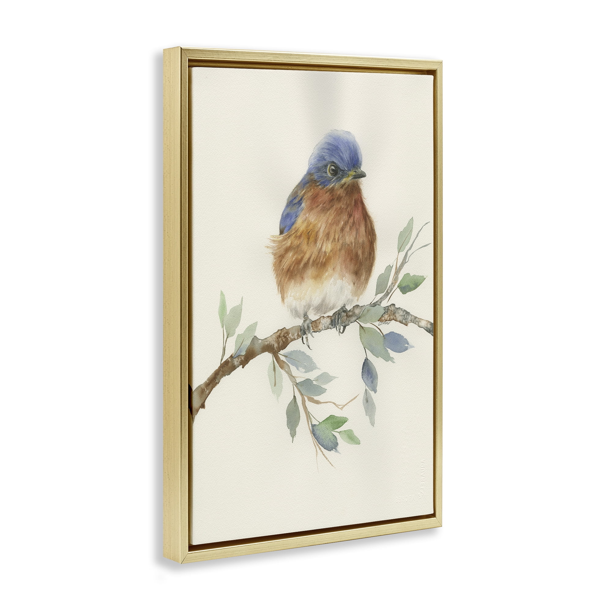 Stupell Industries Songbird Perched on Branch Gold Framed Floater Canvas Wall Art, design by Cady Driver