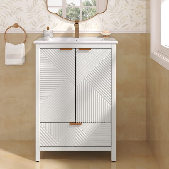 24" Bathroom Vanities with Sink Combo, Modern Wood Bathroom Storage Cabinet w/a Drawer, Textured Door Panels, Soft Close Hinges, White