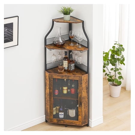 Corner Wine Bar Cabinet with Detachable Wine Rack Industrial Wine Cabinet with Glass Holder Small Sideboard and Liquor Coffee Bar Cabinet with Mesh Door Retro Brown 5-Tier Wine Cabinet
