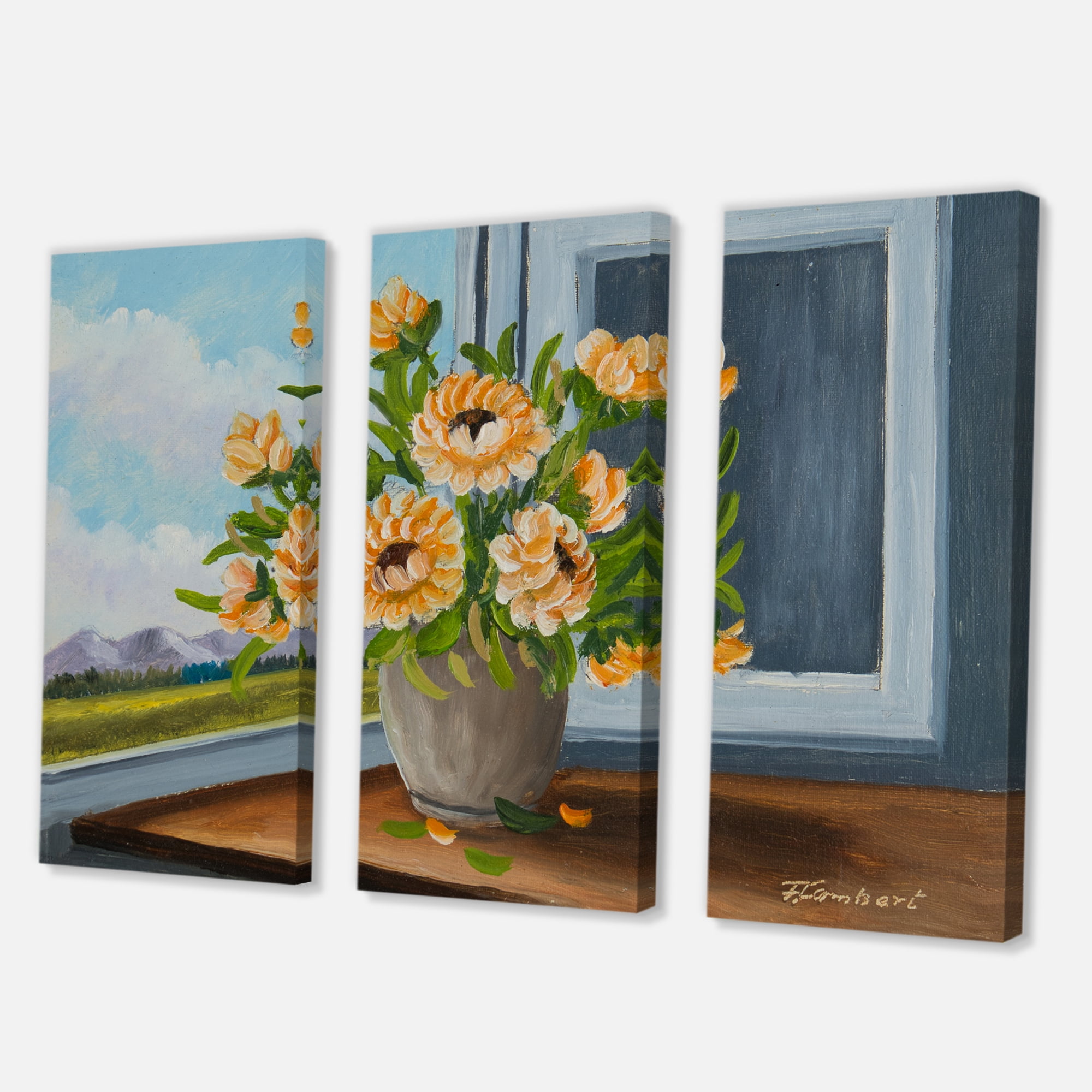 Designart ' Still Life With Orange Flowers In Vase At The Window ' Traditional Canvas Wall Art Print