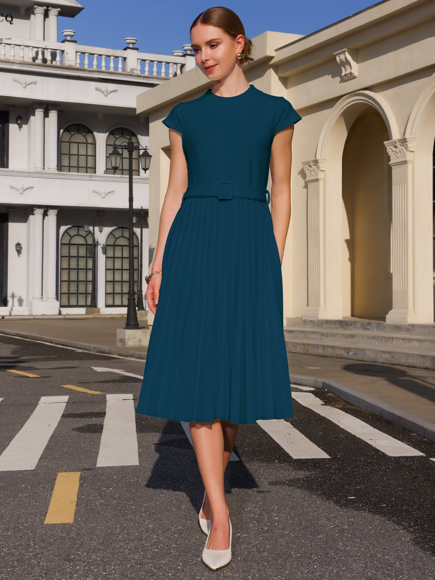 DARING DIVA Women's Mock Neck Cap Sleeve Belted A-Line Dress XL Peacock Blue