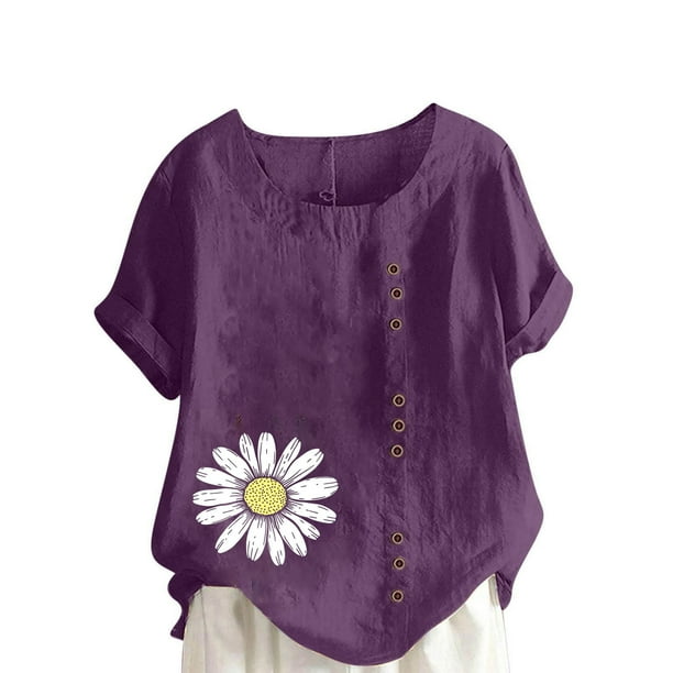 Vestidos Casuales Para Mujer, Blusas De Mujer De Moda Blusa informal de lino con botones y manga corta estampada para mujer