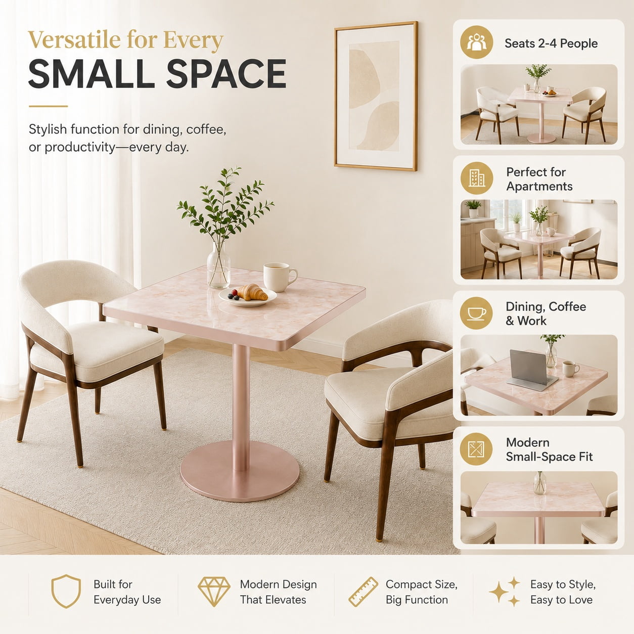 Aukfa 31.5" Square Dining Table for 2-4, Marble-Look Sintered Stone Top, Rose Gold Pedestal Base, Small Spaces,Blush Pink