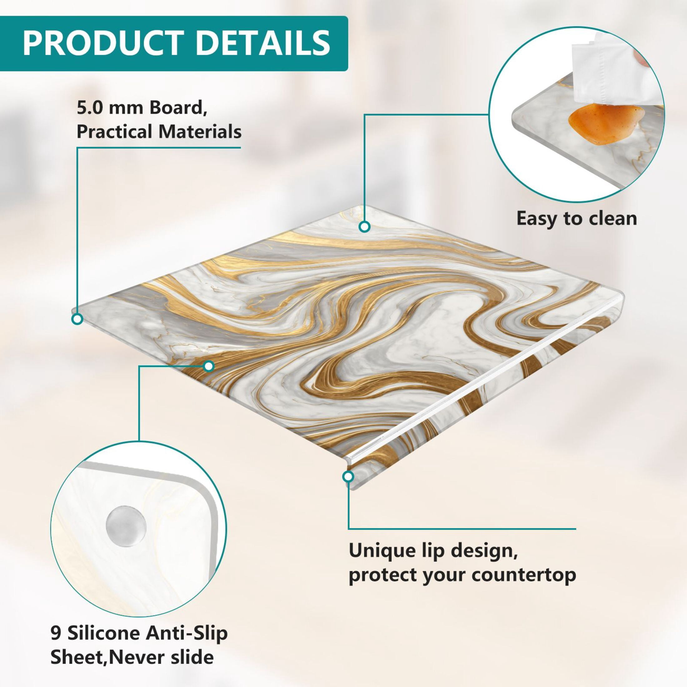 13.4" x 16.5" Food-Grade Acrylic Cutting Board Non-Slip Kitchen Chopping Board Gold and White Marble